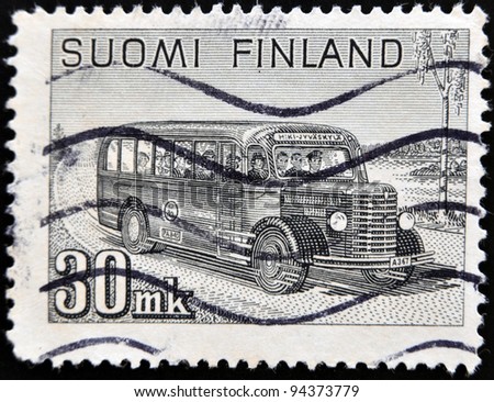 FINLAND - CIRCA 1946: A stamp printed in Finland shows retro post bus, circa 1946.