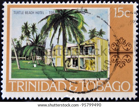 TRINIDAD AND TOBAGO - CIRCA 1970: A stamp printed in Trinidad and Tobago shows turtle beach hotel, circa 1970