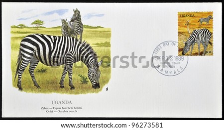 UGANDA - CIRCA 1989: A stamp printed in Uganda shows Zebra and Oribi, circa 1989