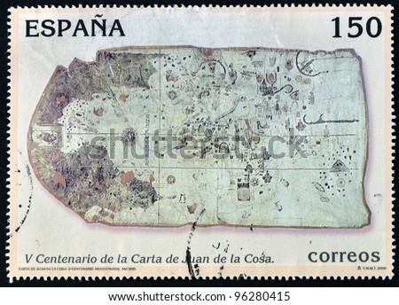 SPAIN  - CIRCA 2000: A stamp printed in Spain shows map of Juan de la Cosa, circa 2000