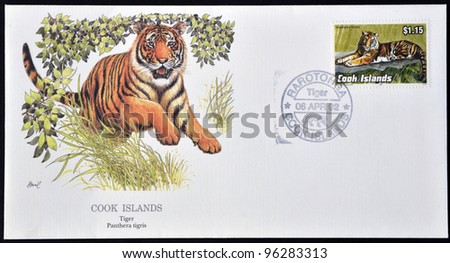 COOK ISLANDS - CIRCA 1992: A stamp printed in Cook Islands shows a tiger, circa 1992