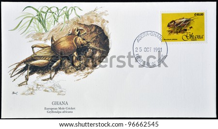 GHANA - CIRCA 1991: A postcard printed in Ghana shows european mole cricket,  gryllotalpa africana, circa 1991