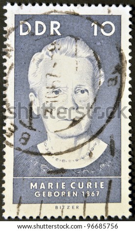 GERMANY - CIRCA 1967: A stamp printedin  GDR (East Germany), shows Marie Sklodowska Curie, circa 1967.