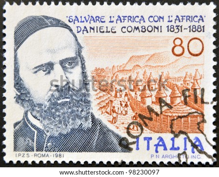 ITALY - CIRCA 1981: A stamp printed in Italy shows Daniel Comboni missionary, save Africa with Africa, circa 1981