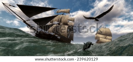 fantasy illustration of sea and Old sailboat