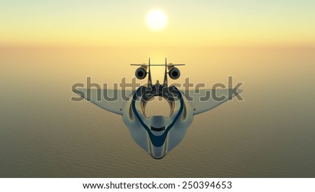 illustration of a prototype aircraft flying over the sea