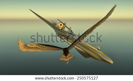 illustration of a prototype aircraft and eagle flying over the sea
