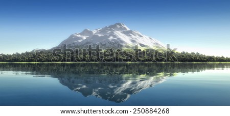 illustration of a landscape with trees reflected in water