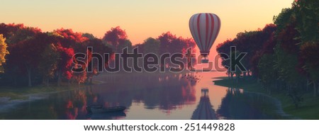 illustration of a landscape with trees reflected in water and balloon