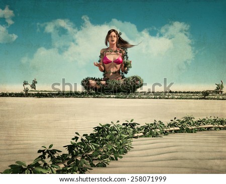 plants in desert and zen woman  concept vintage