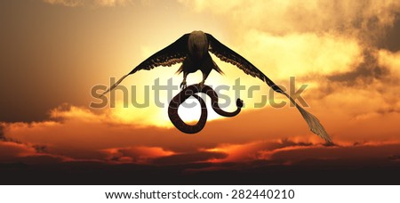 Eagle flying in the clouds at dawn and snake