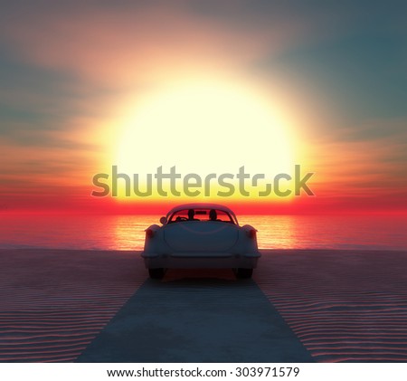 romantic sunset and car on the beach with a couple