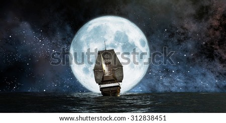 moon, boat and reflection in the water