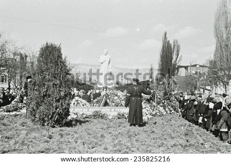 SOVIET UNION, KISLOVODSK, MARCH 1953 - People mourn the death of Stalin and bring flowers to his monument in Kislovodsk, 1953, Soviet Union
