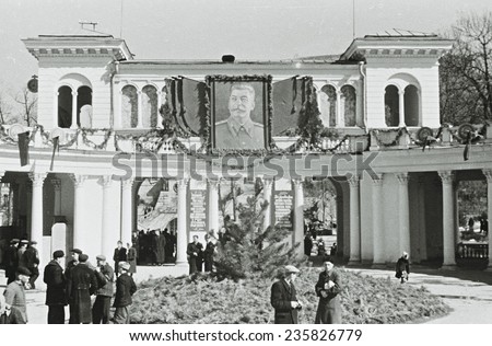 SOVIET UNION, KISLOVODSK, 1953 - People in front of Colonnade - the landmark of Kislovodsk, Health resort, North Caucasus, Soviet Union, 1953