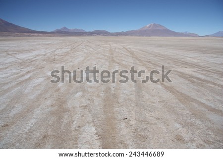 Stone deserted plain with car traces, Uyuni, Bolivia