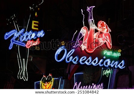THAILAND, PATTAYA, 6 AUGUST 2011 - Erotic neon lights in Red light district in Pattaya, Thailand