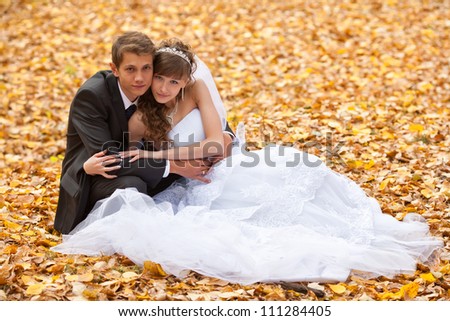 wedding theme, the bride and groom are in the maple leaves on grass