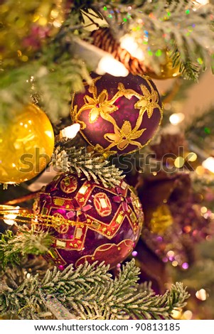 Background of decorated Christmas tree with lights