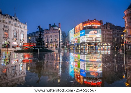 LONDON, ENGLAND FEB 21: Famous Piccadilly Circus neon signage that is a major attraction of London on Feb 21, 2015 in London, United Kingdom