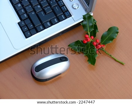 Seasonal greeting -- Christmas holly, mouse, and computer
