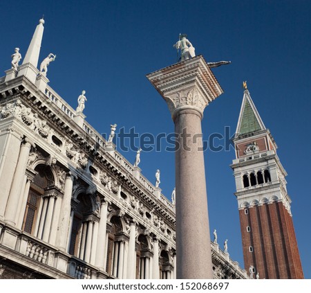 The Campanile and Colonne di San Marco San Teodoro in St Marks Square - San Marco - in Venice in northern Italy.