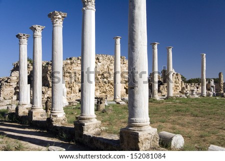 Part of the Gymnasium Colonnade in the ancient ruins of the city of Salamis in the Turkish Republic of Northern Cyprus. Built by the Romans it later became Byzantine Constantia.