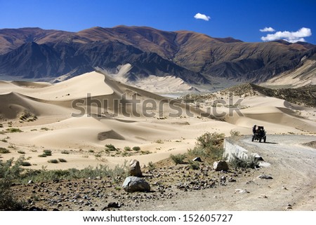Sand dunes in a desert area of the Tibetan Plateau in the Tibet Autonomous Region of China.