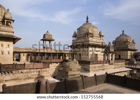 The Jahangiri Mahal Rajput Palace near the town of Orchha in the Madhya Pradesh region of India.