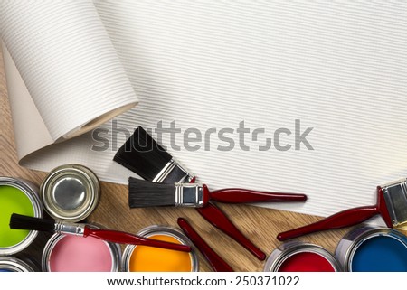 A selection of wallpaper and paints used in Household Maintenance and decorating - Space for Text