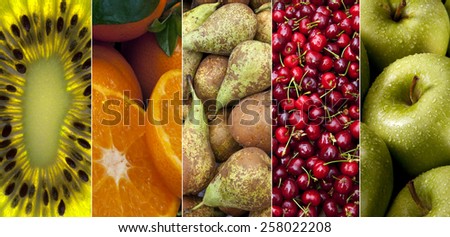A selection of fresh Fruit - Kiwifruit, Oranges, Pears, Red Cherries and Apples.