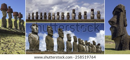 The Moai of Easter Island in the South Pacific. Easter Island is famous for its 887 monumental statues, called moai, created by the early Rapa Nui people. A UNESCO World Heritage Site.