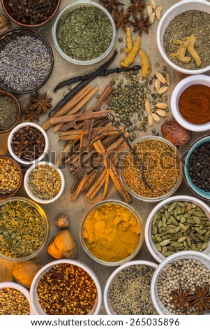 A selection of dried herbs and spices. Use in cooking to add seasoning and flavor to a meal.