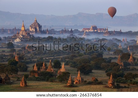 Early morning aerial view of the temples of the Archaeological Zone near the Irrawaddy River in Bagan in Myanmar (Burma).