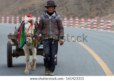 TIBET, CHINA, APRIL 17: unidentified young farmer with his beautifull white horse and his trailer on the Friendship Highway. China 2013.