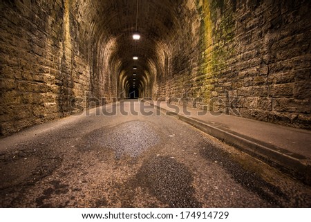 Old vintage tunnel in Biarritz at night. Lo,g time exposure. Old bricks and humidity on the ground.