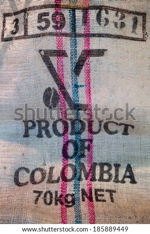 Fabric background from a bag of coffee in Colombia.