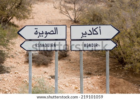 Which direction you want to take in Morocco... Road sign in Morocco with bush in the background. Road to Agadair or Essaouira