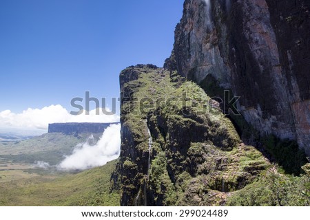 Sheer cliffs of Mount Roraima - landscape with blue sky and clouds background. View on the Gran Sabana and Mount Roraima. Venezuela 2015.