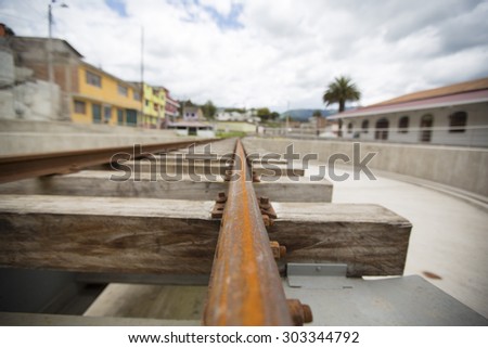 Close-up of railway at the train station of Ibarra in Otavalo. It is the starting point of many luxury train journeys in the volcanic area. Ecuador 2015.