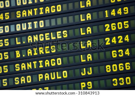 Black airport departures board with mainly flights to cities in South America and south Europe. Airport of Lima. Peru