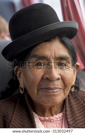 COPACABANA, BOLIVIA, JANUARY 13: Portrait of a Bolivia senior woman smiling at the camera and living on Isla Del Sol (Island of Sun) on the Titicaca lake. Bolivia 2015