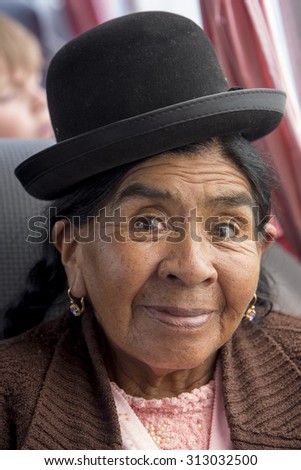 COPACABANA, BOLIVIA, JANUARY 13: Portrait of a Bolivia senior woman smiling at the camera and living on Isla Del Sol (Island of Sun) on the Titicaca lake. Bolivia 2015