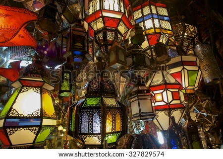 MARRAKESH, MOROCCO, SEPTEMBER 15: Group of colored lamps in a craft store in Marrakesh at night. Morocco 2006