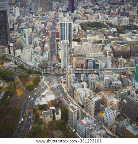 TOKYO, JAPAN, DECEMBER 31: Aerial view of Tokyo Skyline from the Tokyo Tower with Tilt shift light effect. Japan 2012