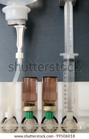 Syringes closeup and medical equipment in a laboratory at the university.