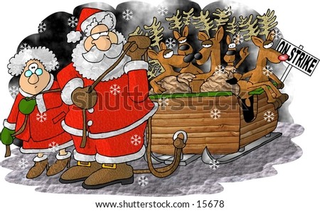 Santa & Mrs. Claus pulling a sleigh full of gifts and reindeer holding a sign that reads \