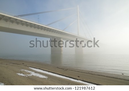 Winter morning by Danube river with bridge in fog