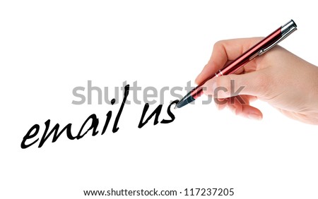 Hand with pen writing email us / email us