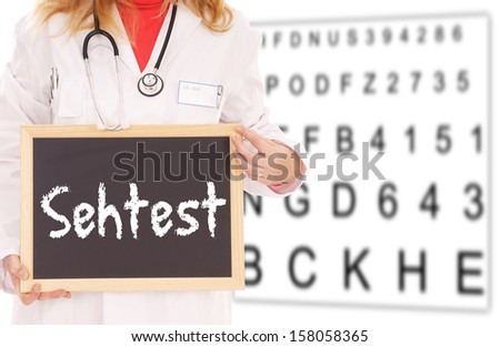 Eye chart with doctor and Shield with the german words Eye Test / Eye Test